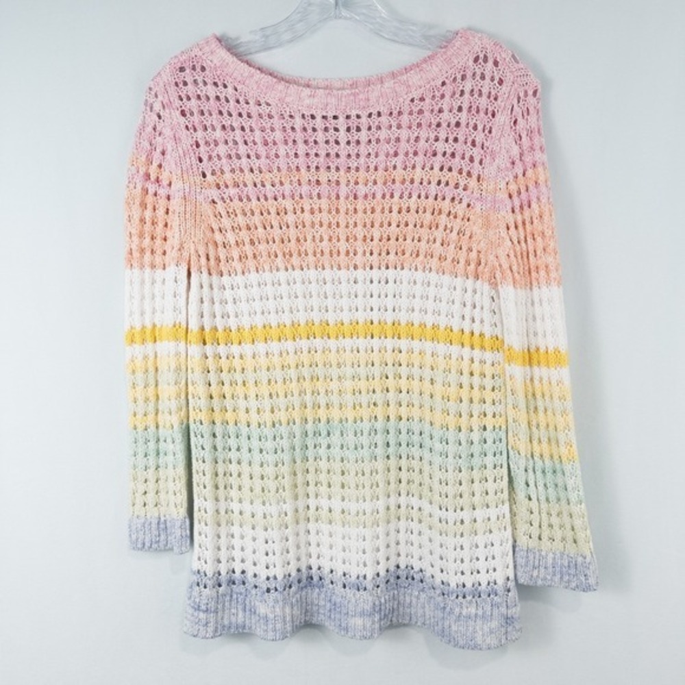 Talbots Open Stitch 3/4 Sleeve Cotton Sweater Petite Small Multicolor Stripes